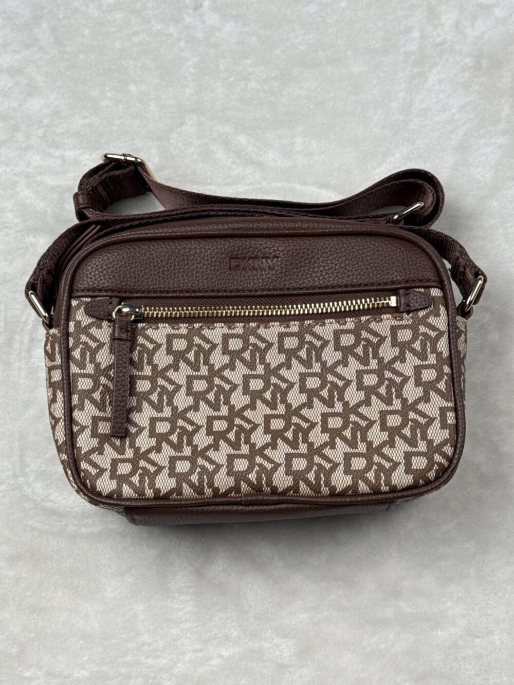 DKNY Brown Monogram Crossbody Bag With Adjustable Strap & Zip Pocket
